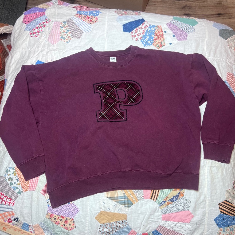 PINK Victoria's Secret Burgundy Plaid P Logo Crewneck Sweatshirt XXL Oversized